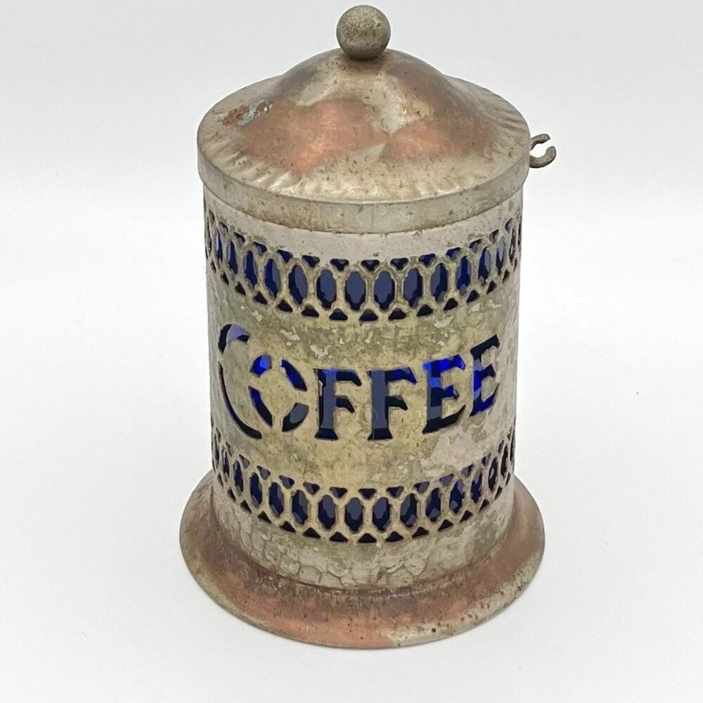 Vintage 50s MCM Silverplate & Cobalt Blue Liner Coffee Canister Art Deco Moorish